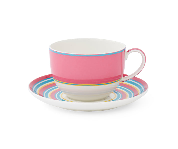 A cheerful burst of pink Cup and Saucer from the Kit Kemp for Spode Calypso collection. It features a wide pink stripe around the body of the porcelain cup, accented with a turquoise and yellow band above and below. A matching pink handle and a striped saucer finish off this set.