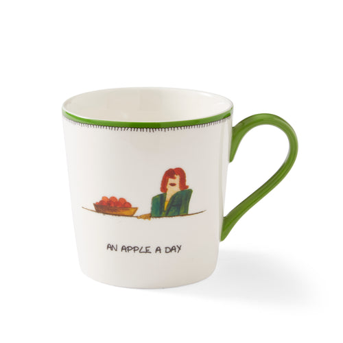 This green and white doodle mug, is the perfect illustration for the Apple a Day tag-line, with it's sketch of red headed lady sitting next to a bowl of shiny red apples. The design is on both back and front of this mug.