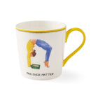 This yellow and white doodle mug features a sketch of a woman in a yoga pose, ( dressed in yellow and blue, whilst reading a green book perfectly illustrates the Mind over Matter tag-line, is trimmed with a yellow lip, and handle.