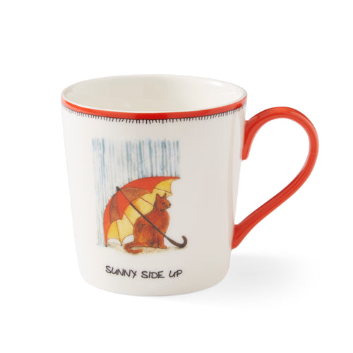 This deep orange and white doodle mug, is the perfect illustration for the Sunny Side Up tag-line, with its relaxed looking ginger cat, basking in the yellow glow of it's red umbrella, on an otherwise rainy day.