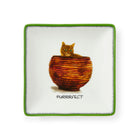 The white and green ,square trinket tray is a joyful it features a cheeky ginger cat, embracing the joy of relaxation whilst hiding in the orange and gold laundry basket .