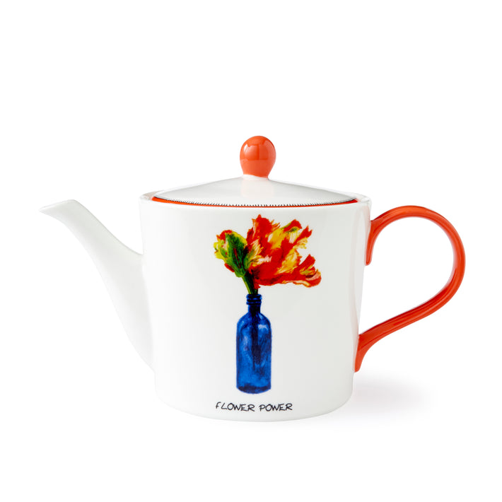 The Doodles tea pot is ideal for a fun and informal tea party, with it Flower Power doodle , of a large parrot tulip in yellow and reds, in a blue wine bottle , and tipped in vibrant orange detailing on a white background it celebrates and embraces the joy of living for the moment.