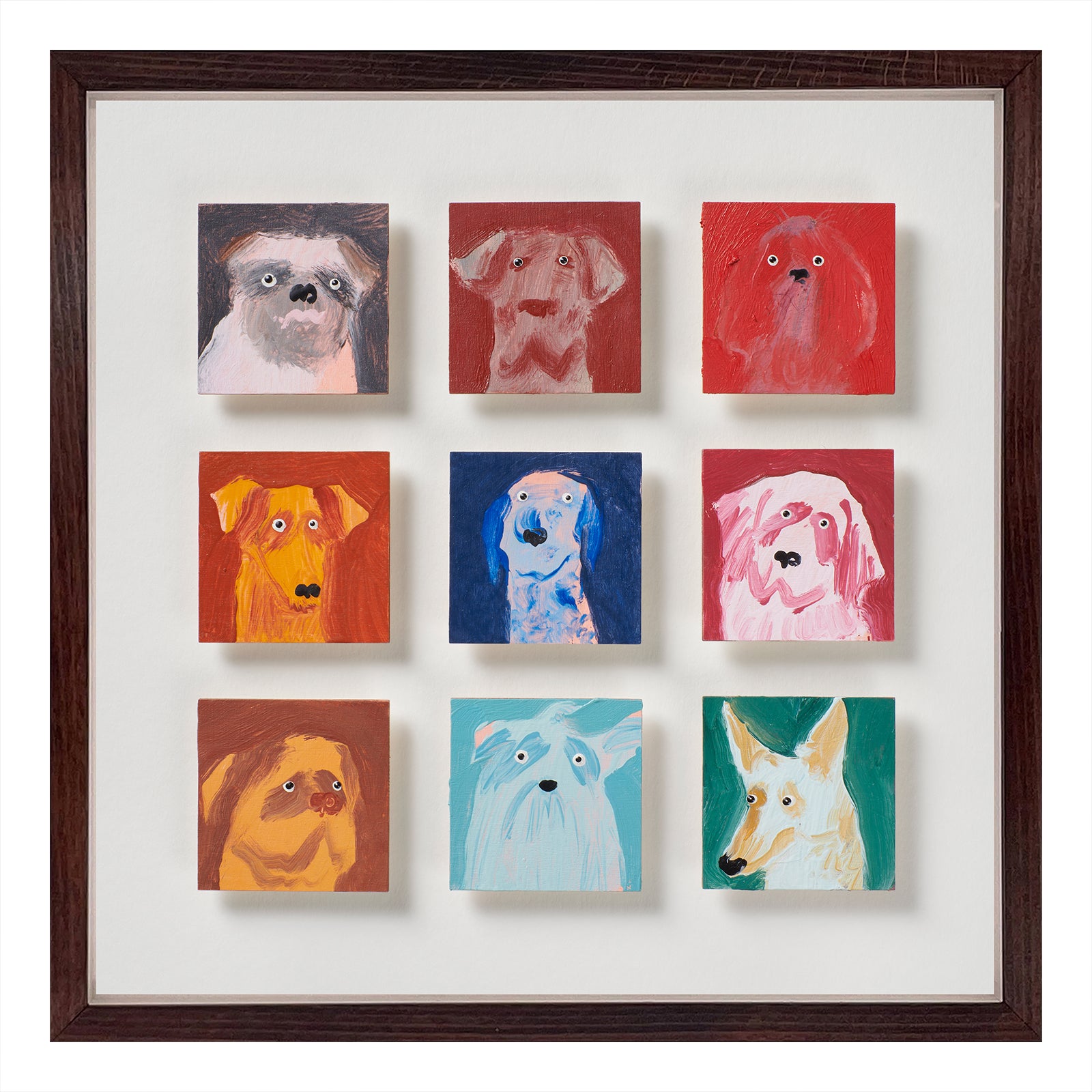 9 Dogs by Holly Frean shows nine small portraits, each dog held within its own square yet clearly part of a group. The backgrounds shift between deep reds, blues and greens, giving the arrangement both warmth and contrast. Painted in oil with a direct, unfussy hand, the faces are simplified yet alert - a series of steady gazes that feel companionable rather than theatrical. The grid gives the work its structure; the individuality of each dog keeps it alive. Exclusive at Shop Kit Kemp.