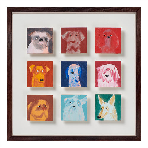 9 Dogs by Holly Frean shows nine small portraits, each dog held within its own square yet clearly part of a group. The backgrounds shift between deep reds, blues and greens, giving the arrangement both warmth and contrast. Painted in oil with a direct, unfussy hand, the faces are simplified yet alert - a series of steady gazes that feel companionable rather than theatrical. The grid gives the work its structure; the individuality of each dog keeps it alive. Exclusive at Shop Kit Kemp.