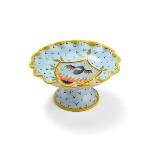 Decorative ceramic plate with scalloped edge and colourful design my Katrin Moye