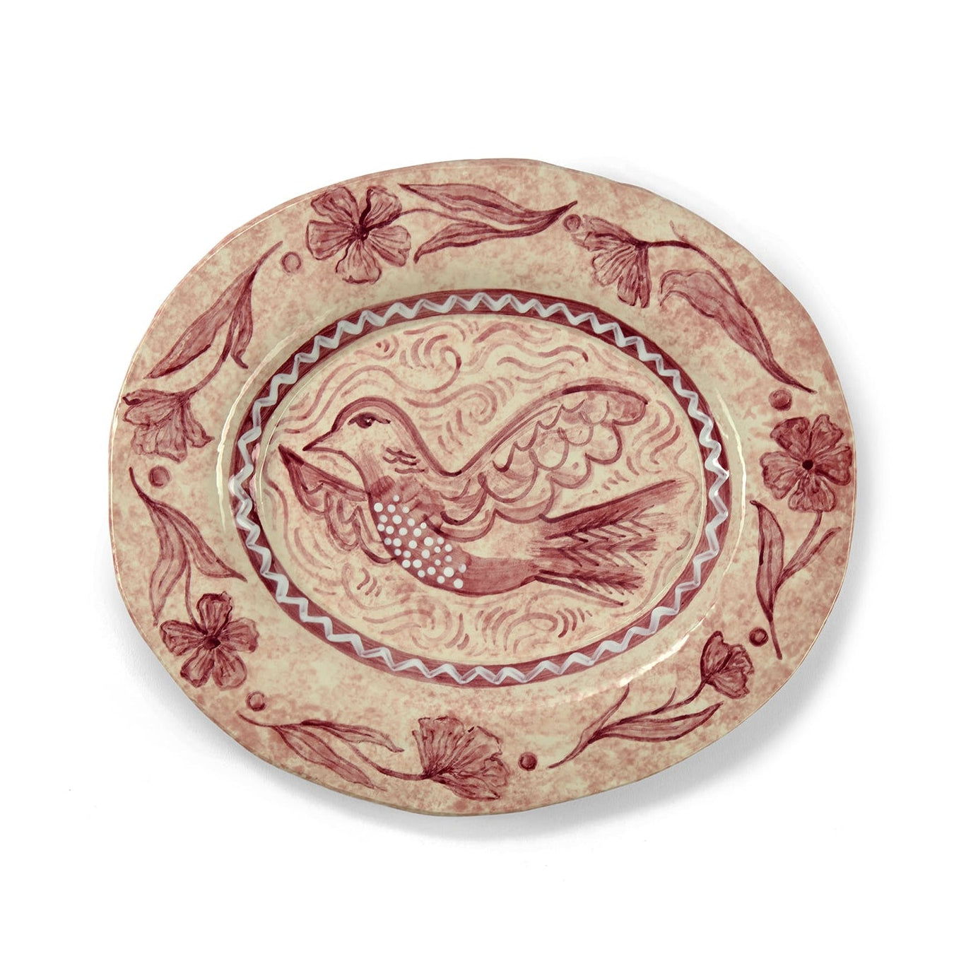 Sasha Compton's pink turtle dove platter in earthenware and glazed finish, signed and authenticated, exclusively for Shop Kit Kemp. 