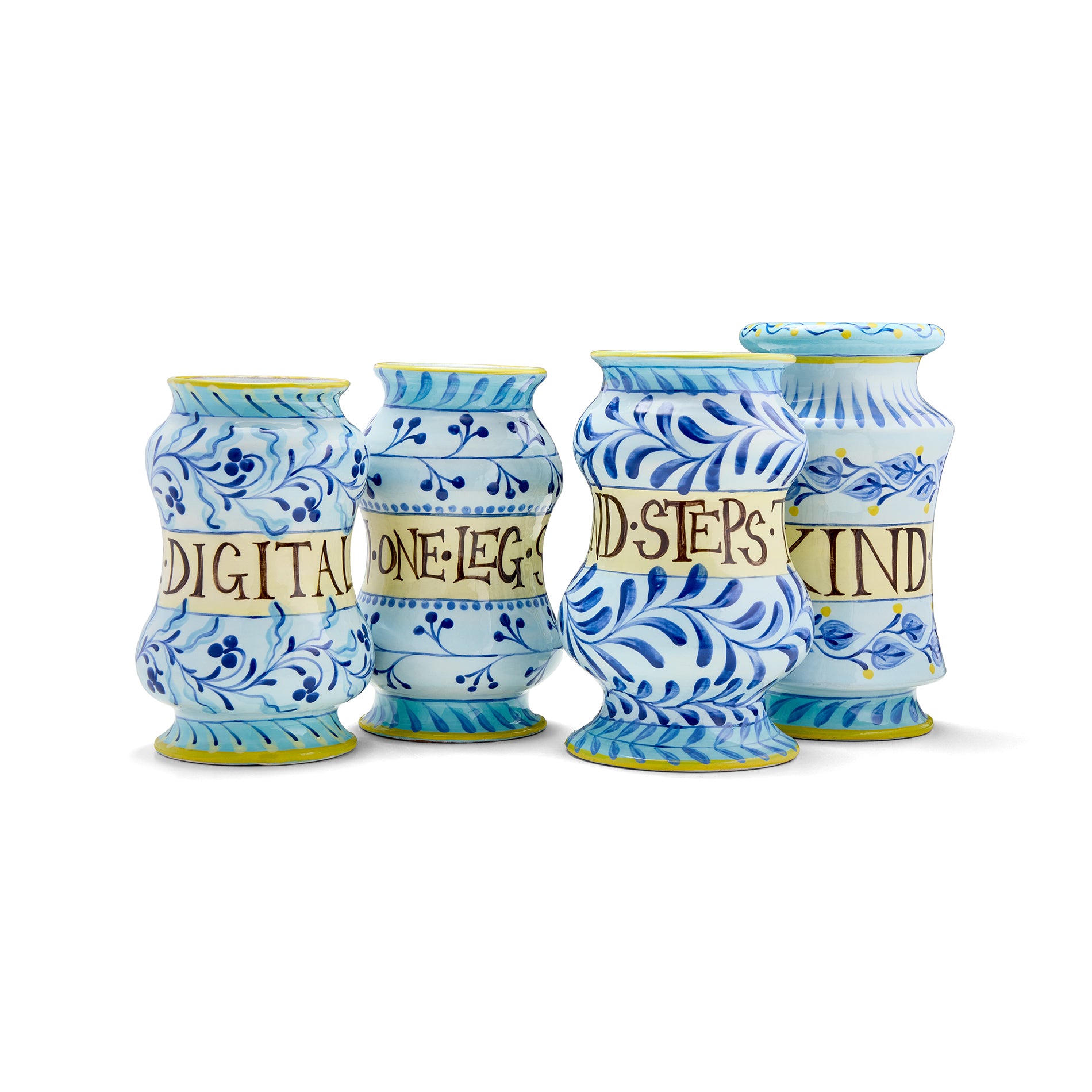 A set of Wellness and Wellbeing inspired decorative Albarello jar by Katrin Moye, four jars available at Shop Kit Kemp