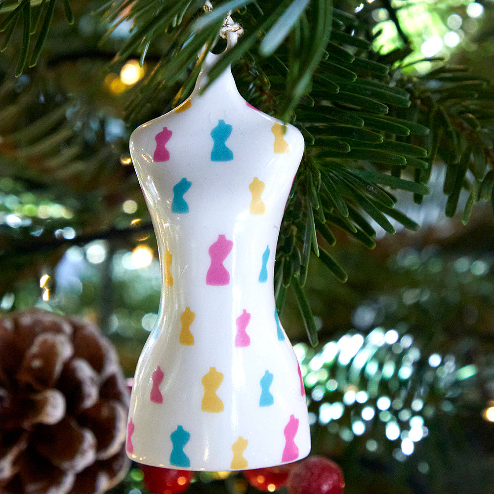 Firmdale mannequin is now a Christmas tree decoration, this fine china ornament makes a perfect gift for any Kit Kemp and Firmdale fan.