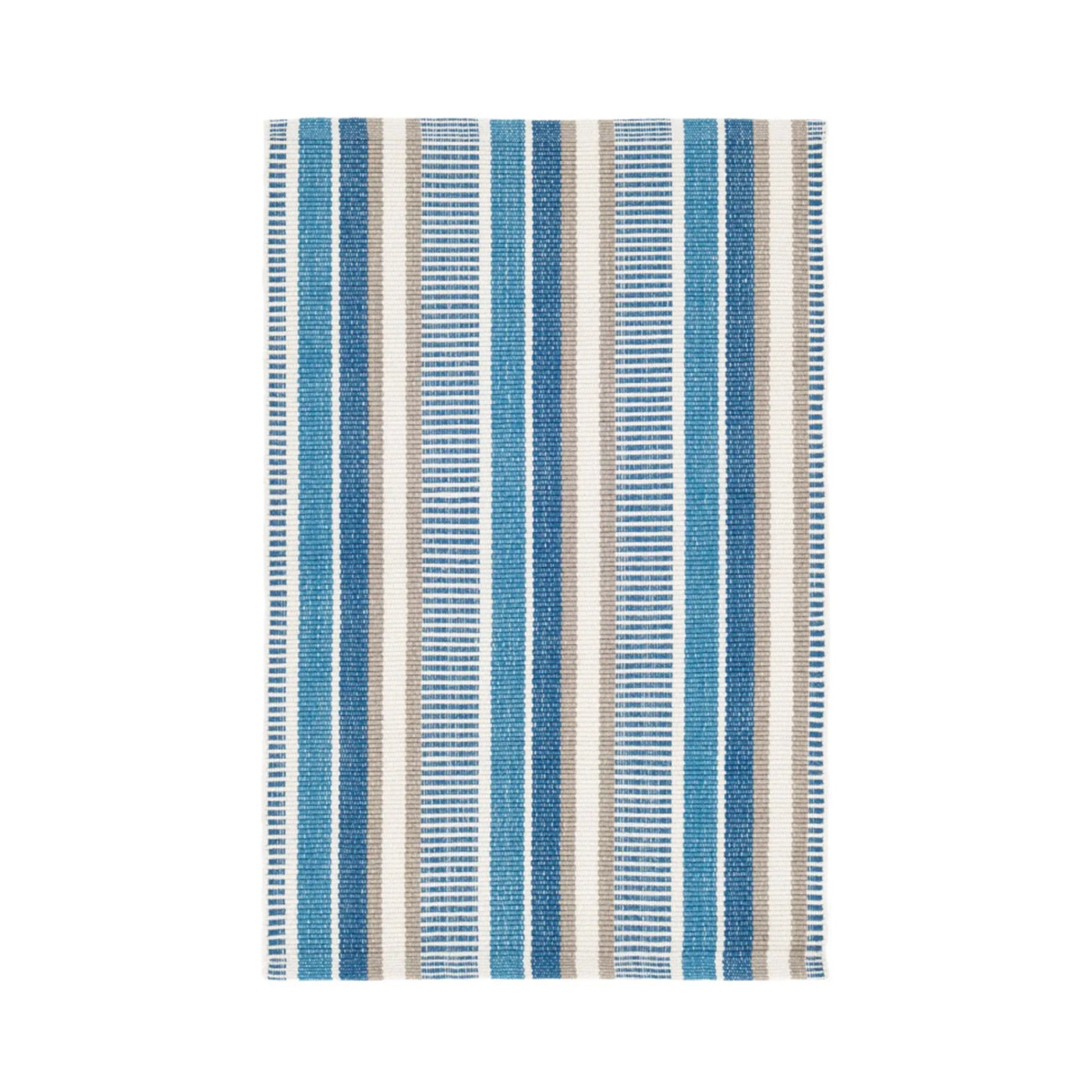 Kit Kemp's Always Greener navy indoor / outdoor rug feels like wool but lasts like iron. Find ultimate satisfaction with a medley of fence post stripes in vibrant, sophisticated hues that add a fresh and bold aesthetic, reflecting light to bring both joy and calmness to a space. Woven in resilient, recycled P.E.T. performance threads, this durable and fade-resistant rug feels as soft as cotton but will stand up to whatever everyday life brings its way.
