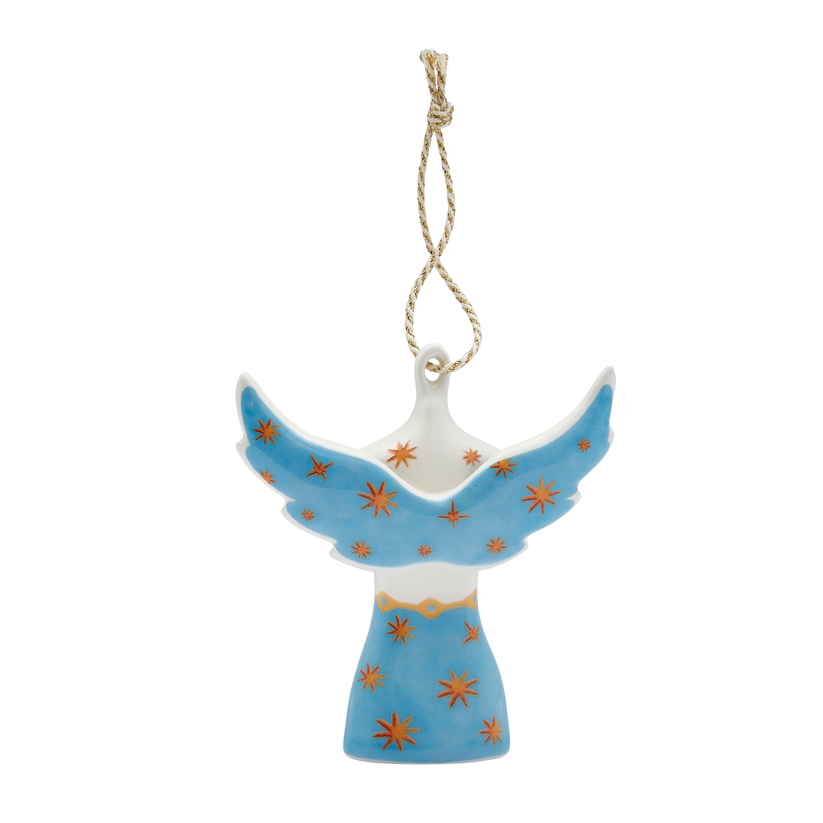 Angel Mannequin Ornament in fine china, part of the coveted Kit Kemp for Spode collection. Features a celestial design with blue wings and a star-covered pattern in orange and gold. This unique ornament is an ideal gift for those who admire the style of Firmdale Hotels, offering a beautiful, designer touch for the holidays.