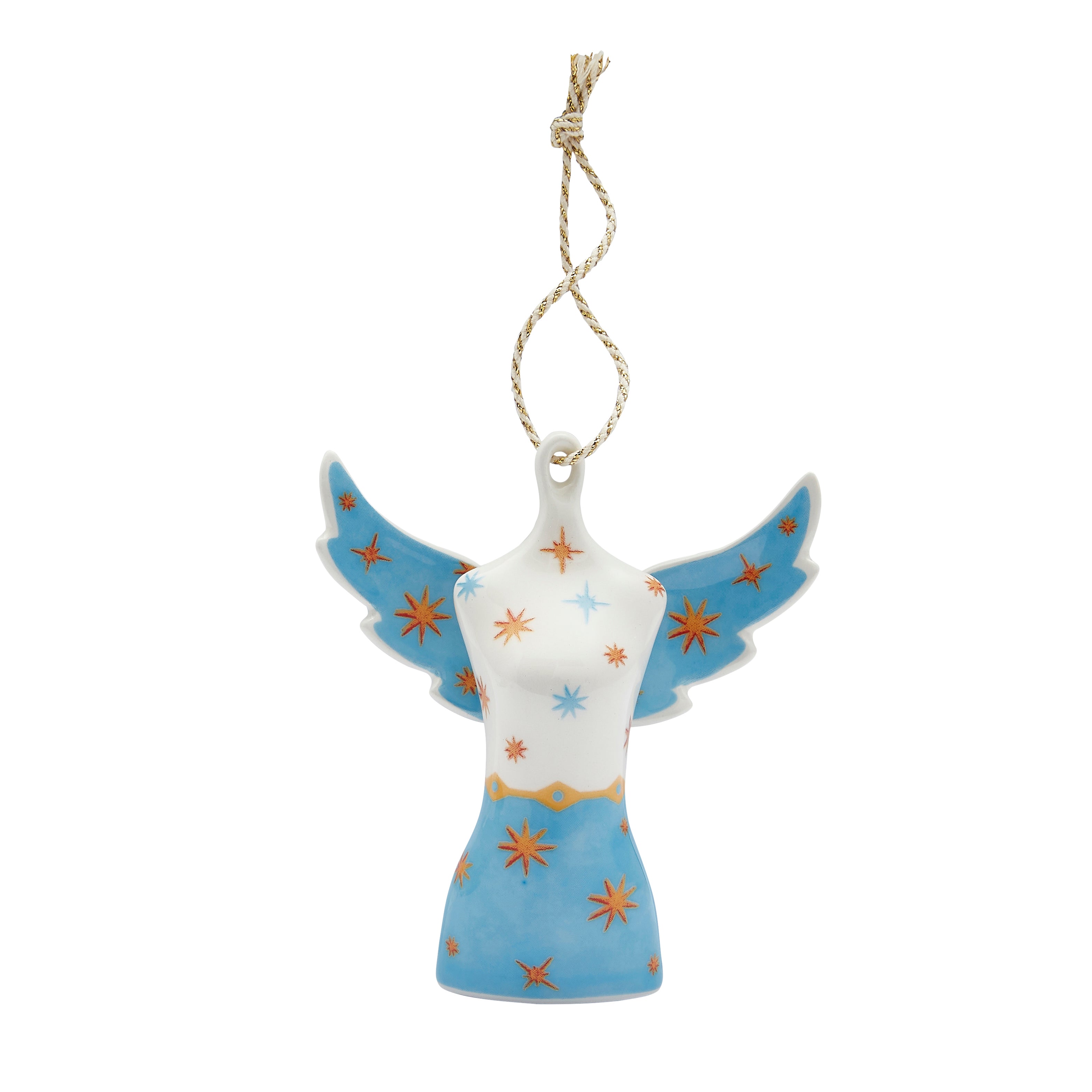 The elegant Angel Mannequin fine china Ornament from the exclusive Kit Kemp for Spode collection. This unique ornament features a white bodice and blue skirt pattern adorned with vibrant orange and gold stars. Its sophisticated design and connection to Kit Kemp's aesthetic make it the perfect collectible gift for fans of Firmdale Hotels, adding a touch of designer whimsy to any Christmas tree.