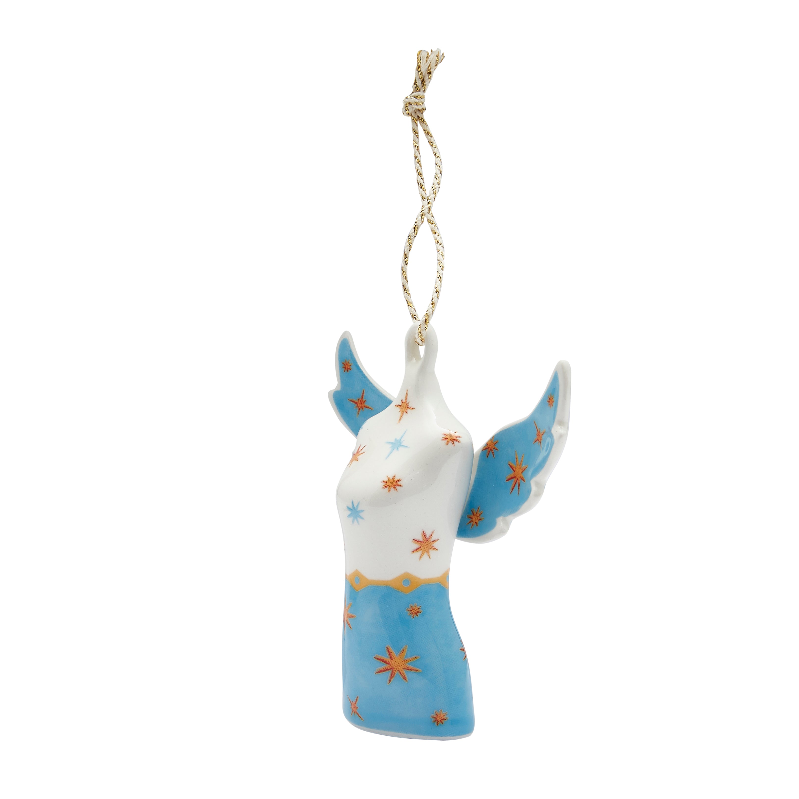 Kit Kemp for Spode fine china Angel Mannequin Ornament. This highly stylized tree decoration combines a heavenly form with a fashion silhouette, painted in white and bright blue and covered in striking orange and gold star patterns. A must-have statement piece that reflects the whimsical, eclectic style found in the Firmdale Hotels, making it an inspired luxury holiday gift.