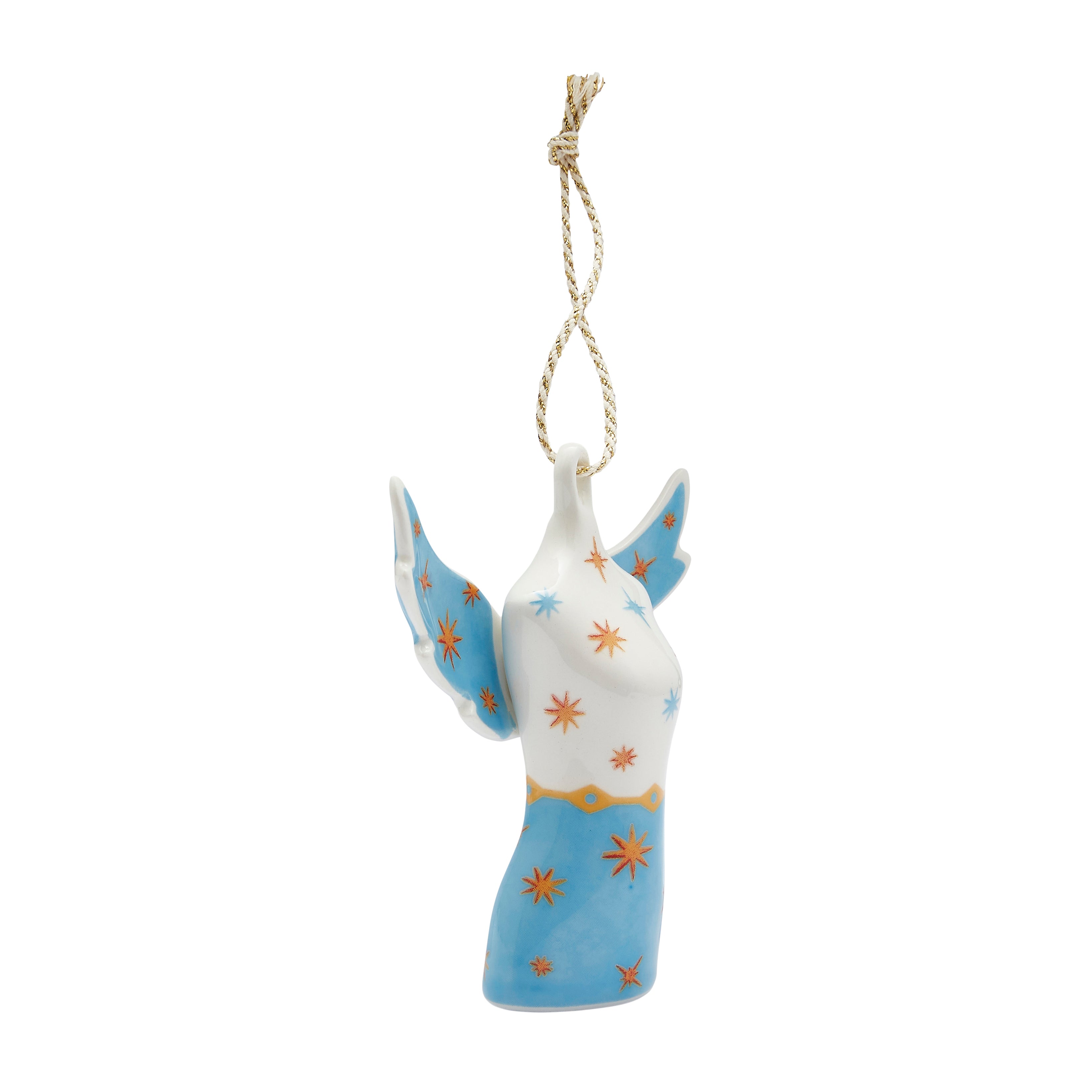 Kit Kemp for Spode fine china Angel Mannequin Ornament. This highly stylized tree decoration combines a heavenly form with a fashion silhouette, painted in white and bright blue and covered in striking orange and gold star patterns. A must-have statement piece that reflects the whimsical, eclectic style found in the Firmdale Hotels, making it an inspired luxury holiday gift.