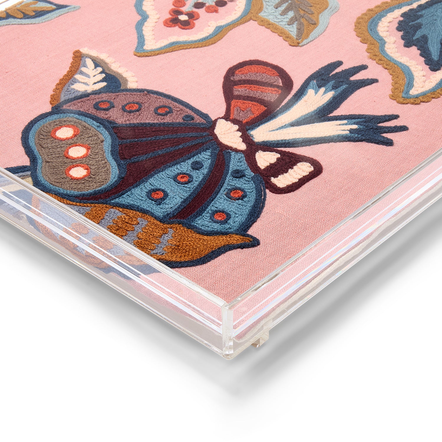 Acrylic tray inlaid with embroidered Kit Kemp Ashoka fabric is a versatile tray for table setting, living room statement piece, and for accessories organising
