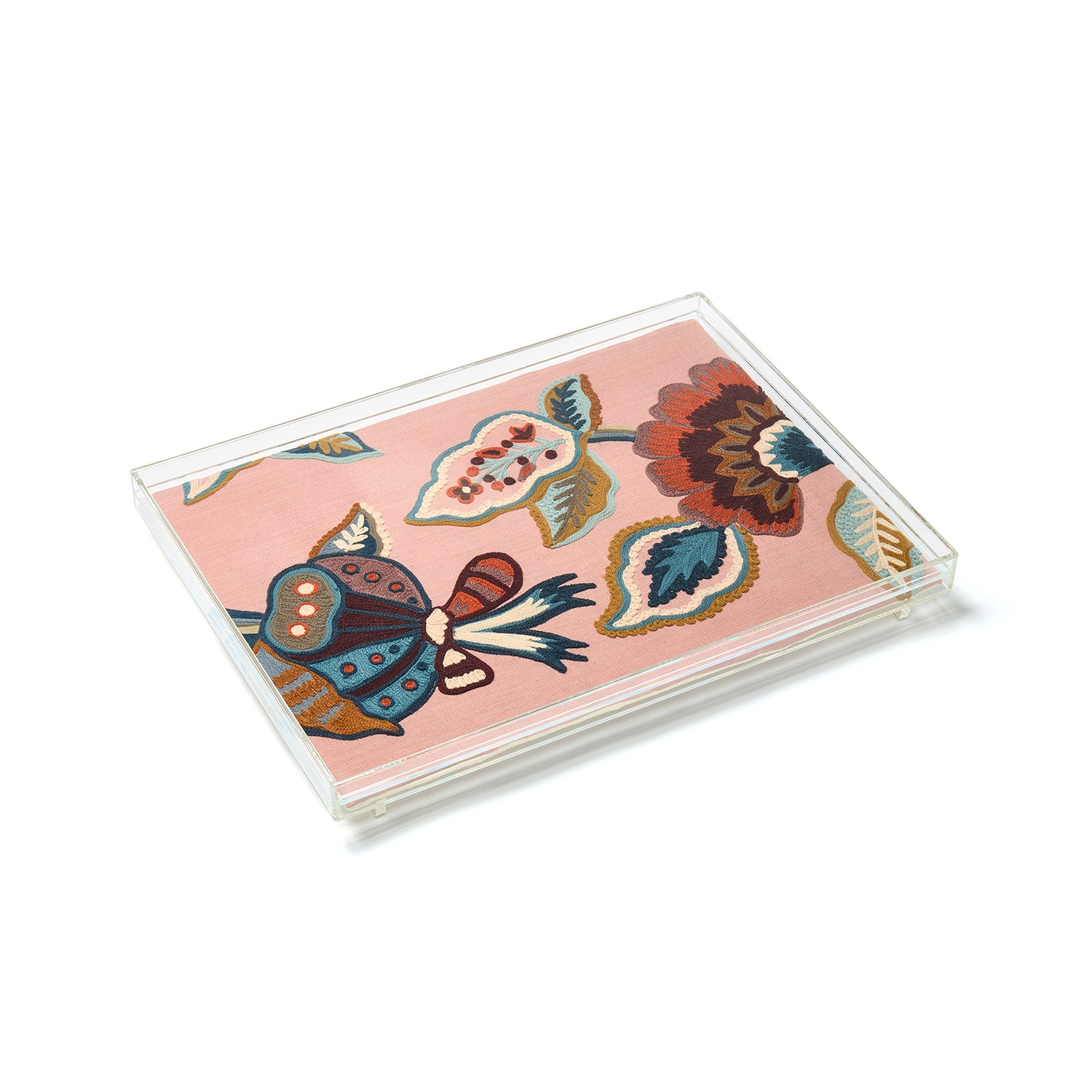 Acrylic tray inlaid with embroidered Kit Kemp Ashoka fabric is a versatile tray for table setting, living room statement piece, and for accessories organising