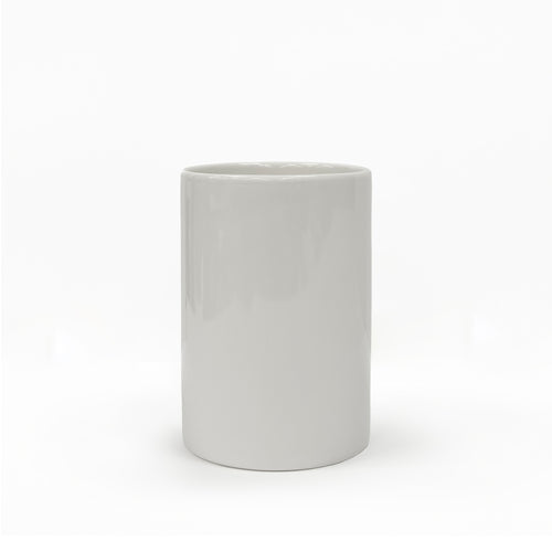 White ceramic bathroom pot for holding essentials, toothbrush, and toothpaste. Clean and modern shape, it sits perfectly with contemporary bathroom suites.