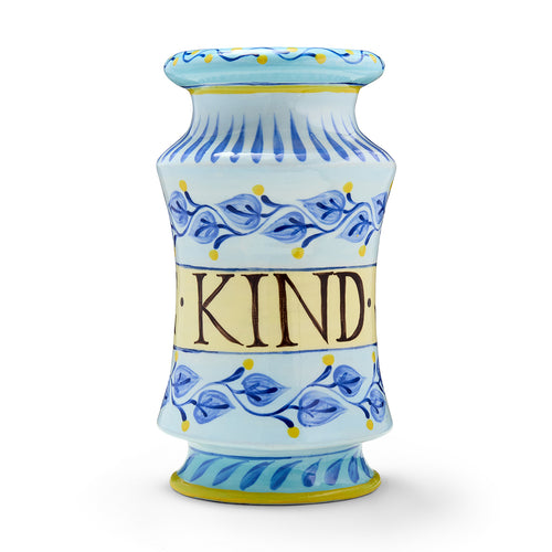 Decorative Albarello jar by Katrin Moye, titled Be Kind, part of four artworks, exclusively at Shop Kit Kemp