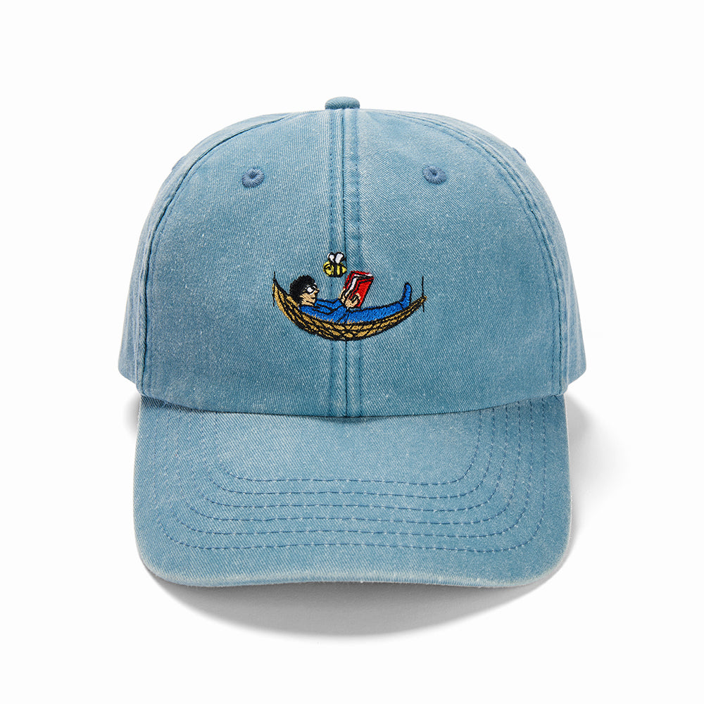 Unisex blue cotton baseball cap with doodles bee yourself embroidery design