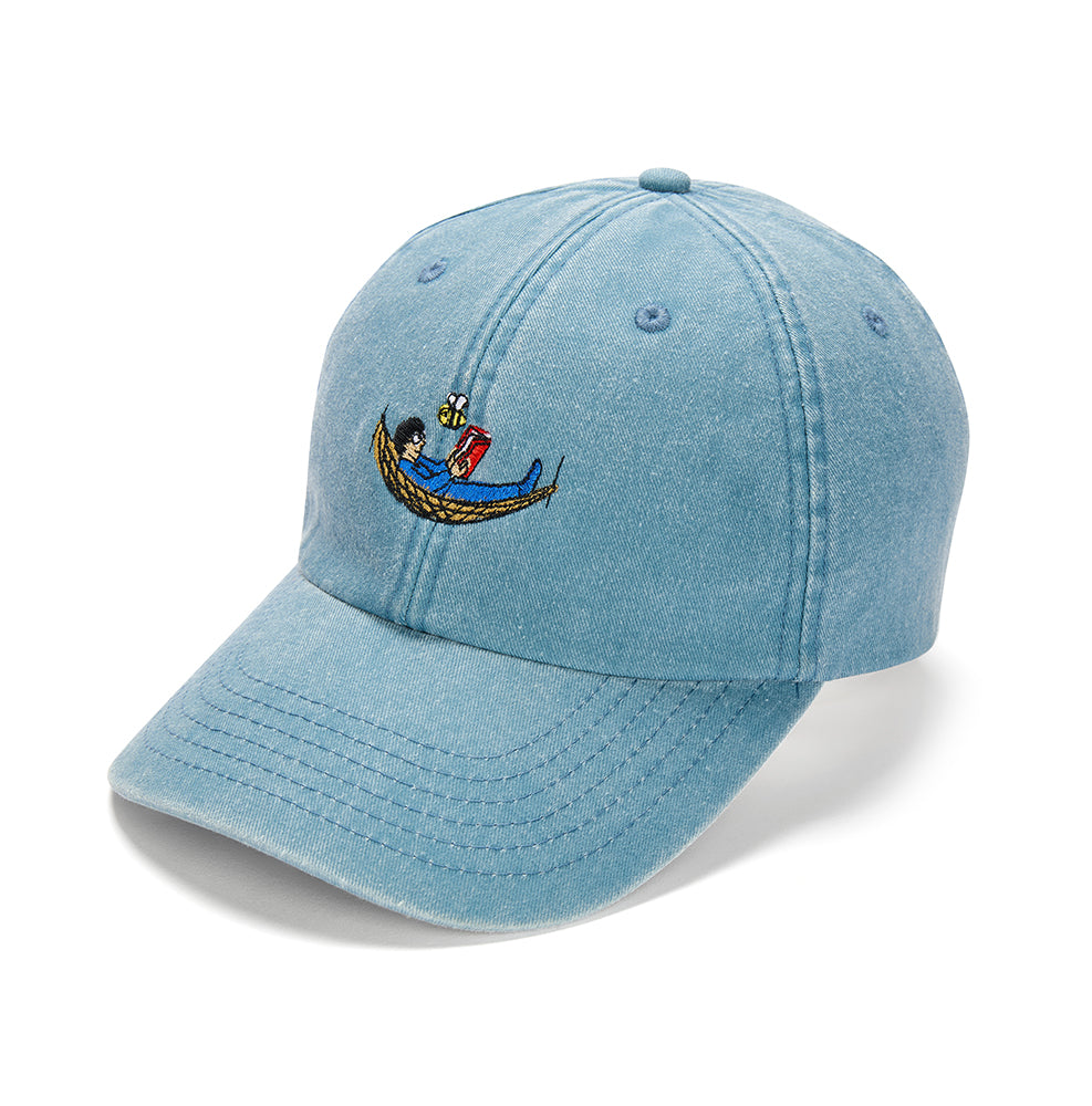 Unisex blue cotton baseball cap with doodles bee yourself embroidery design