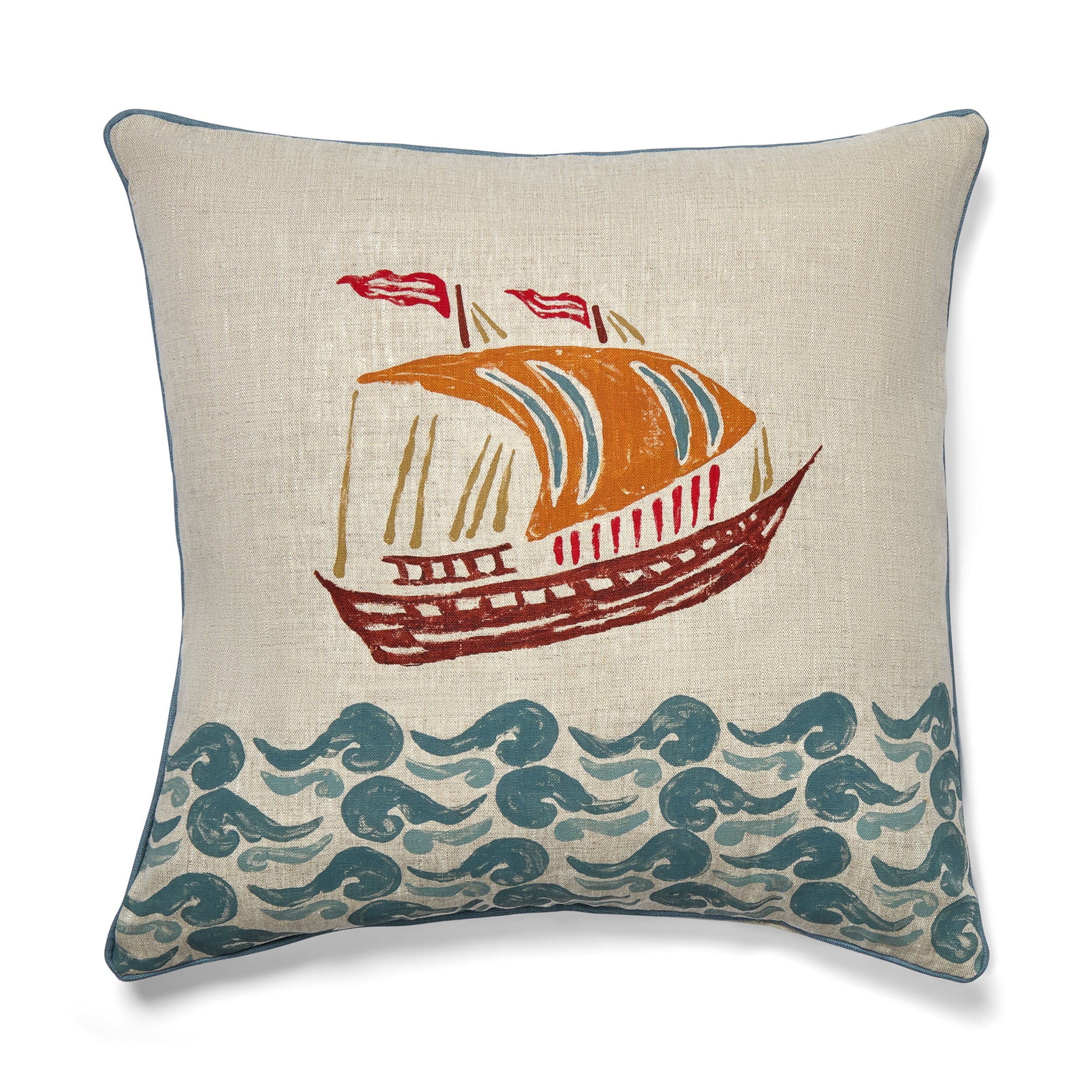 Decorative pillow with a ship design on a beige background