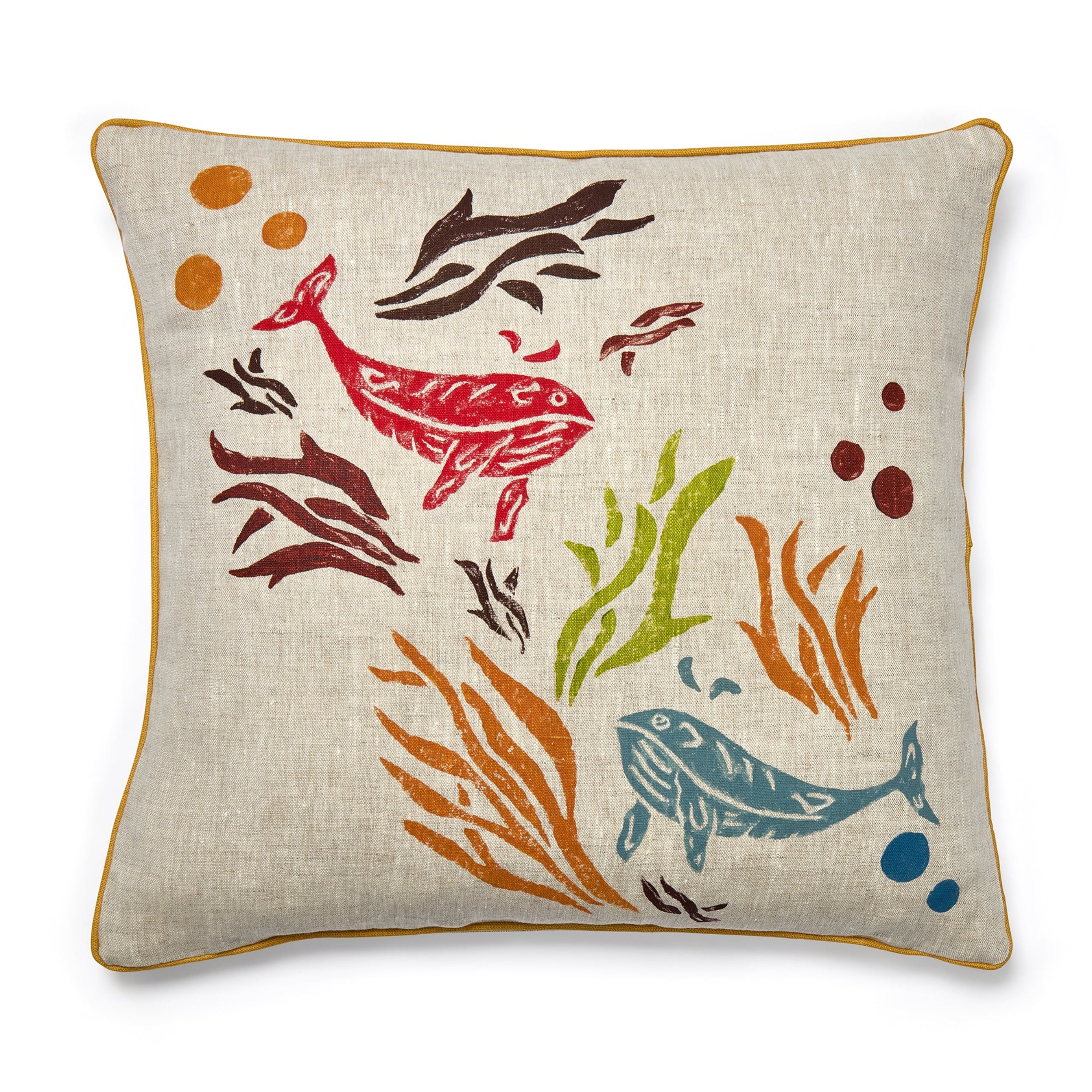 Decorative pillow with colorful animal illustrations on a beige background
