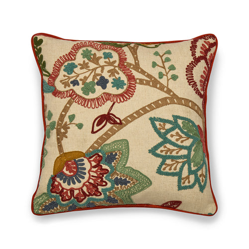 Luxurious embroidered square cushion featuring the traditional Colefax and Fowler 'Bohemian Garden' pattern. Fully reversible, the deep ruby backing provides a sophisticated solid block of colour to complement the intricate stitching.