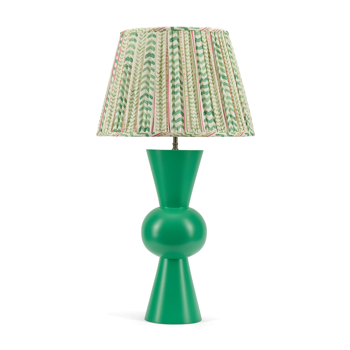 Green Bow Lamp paired with gathered lampshade in Wriggle Room fabric, Green and Pink tones. A favourite of Kit Kemp for its modern take on horizontal lines.