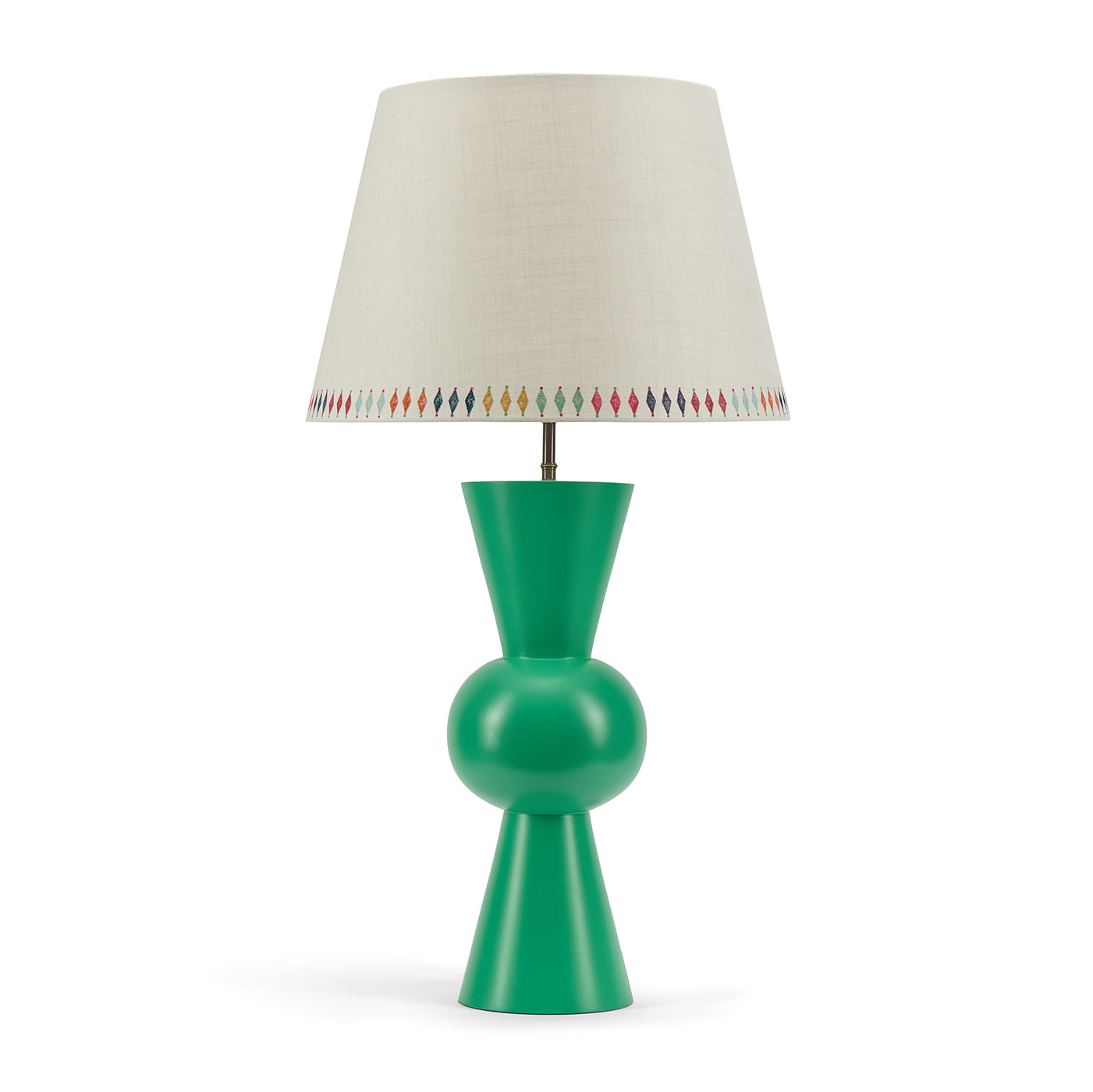 Bow Lamp in Green paired with Diamond print lampshade, for  modern interior decor style with iconic Kit Kemp pop of colour.