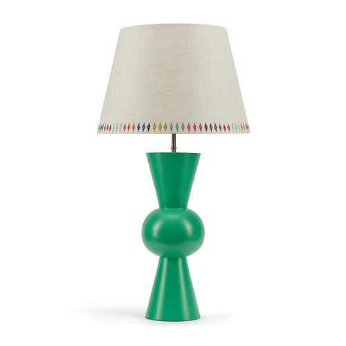 Bow Lamp in Green paired with Diamond print lampshade, for  modern interior decor style with iconic Kit Kemp pop of colour.