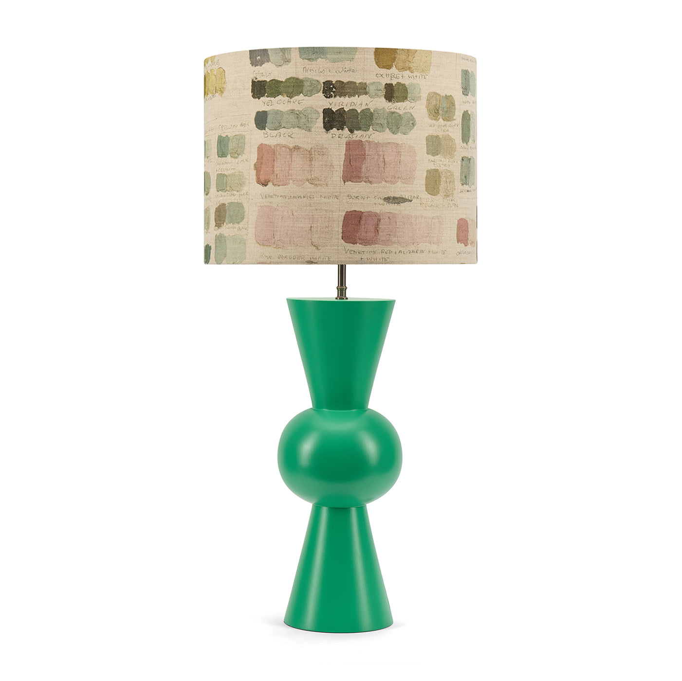 Green Bow Lamp with Mixed Tones lampshade in natural colourway, from Kit Kemp Lighting collection. 