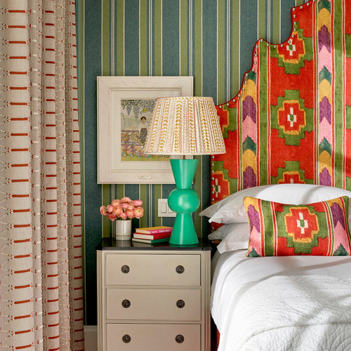 Green Bow lamp with Wriggle lampshade in yellow, as featured in Kit Kemp bedroom design at the Crosby Hotel.