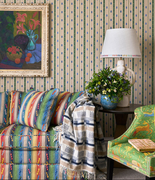 Brick Weave Throw in Blue and Natural tones in Ham Yard hotel interior showcasing Kit Kemp's GP & J Baker Collection II.