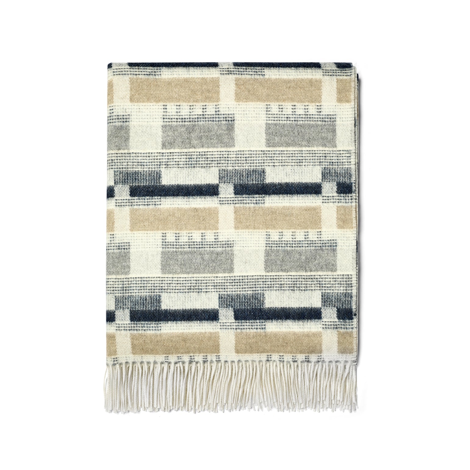 Kit Kemp for Christopher Farr Blue and Natural 100% Merino wool throw. Made in England, it showcases an intricate design with navy, gray, and beige colours, offering ultimate softness and warmth as a high-end luxury accessory.