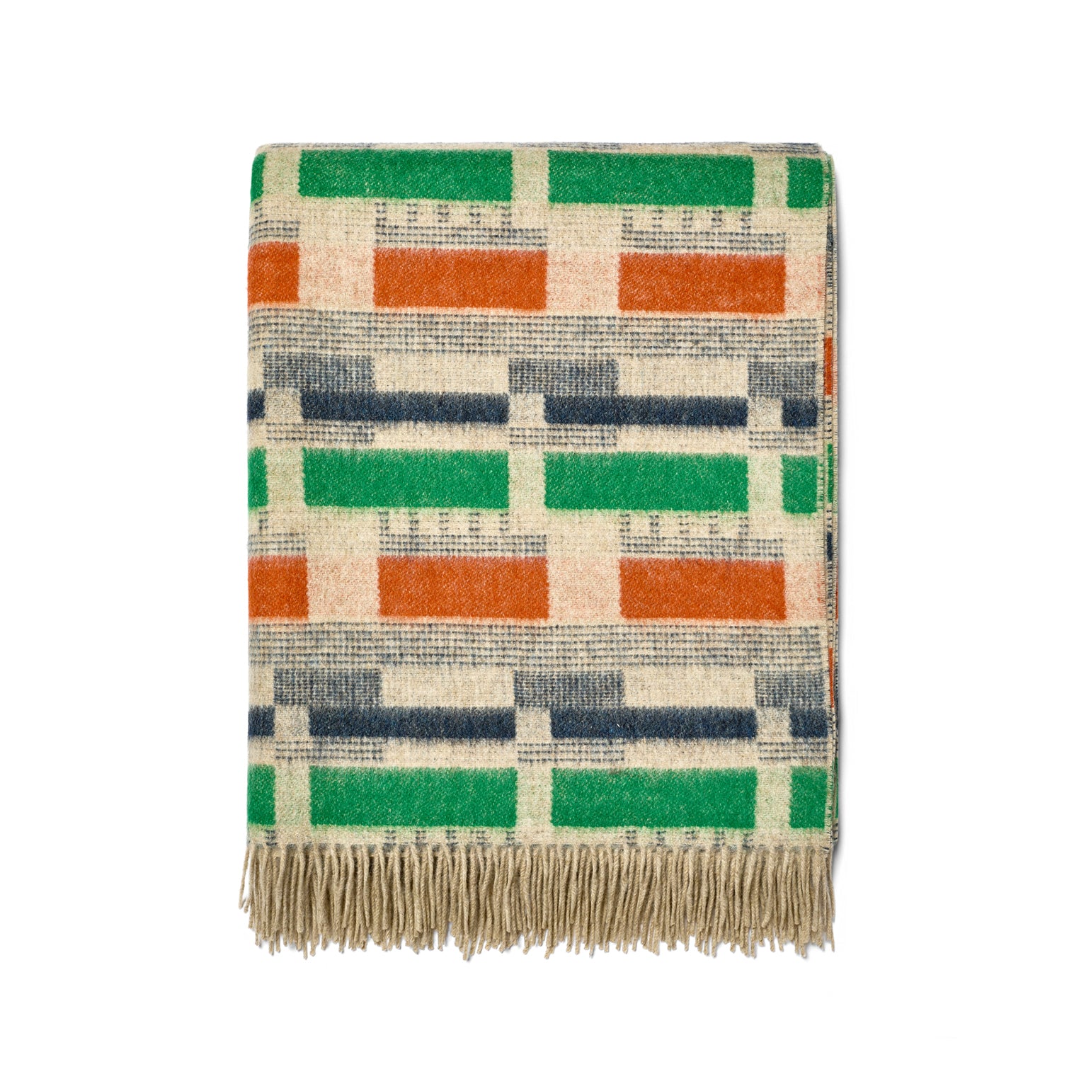 A luxurious 100% Merino wool throw in a Green and Orange colourway. This design, based on a Kit Kemp fabric for Christopher Farr, features an intricate geometric block pattern in bold, eye-catching colours, beautifully made in England.