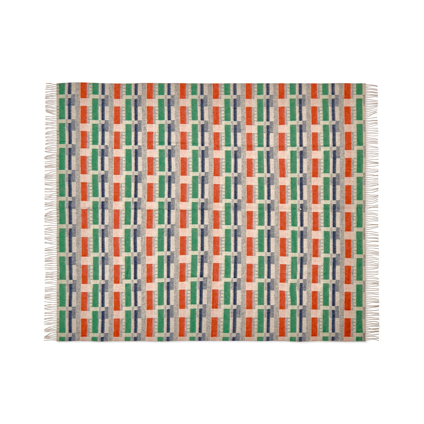 Kit Kemp for Christopher Farr Green and Orange 100% Merino wool throw. Made in England, it showcases an intricate design combining rich jewel-tone colours, offering a vibrant statement piece with the softness of premium wool.