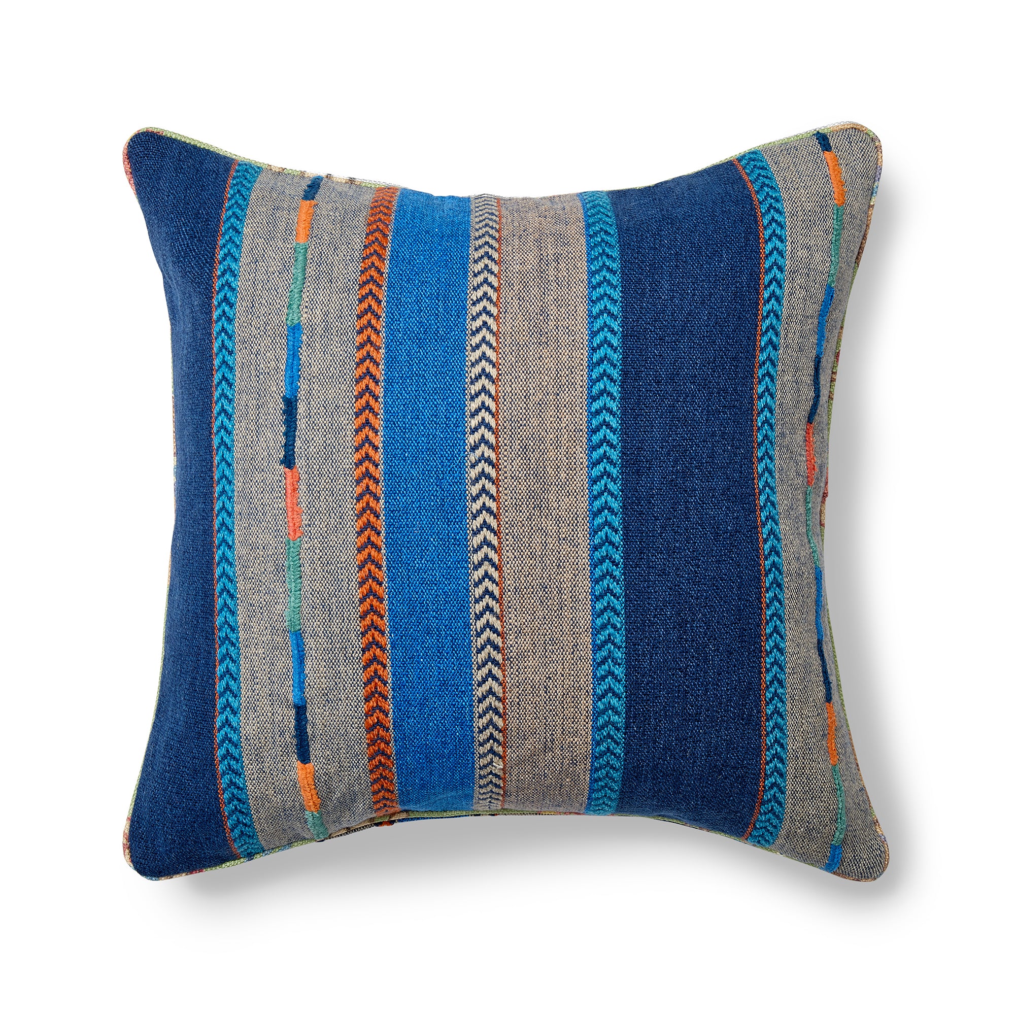 Kit Kemp Design Studio cushion featuring the "Bunty" fabric, a textured weave with wide vertical stripes in shades of blue and grey. The design is detailed with intricate embroidered chevrons in vibrant orange and turquoise. Reflecting a commitment to sustainability, this piece is made in-house using upcycled fabrics from previous studio projects and is finished with matching fabric piping.