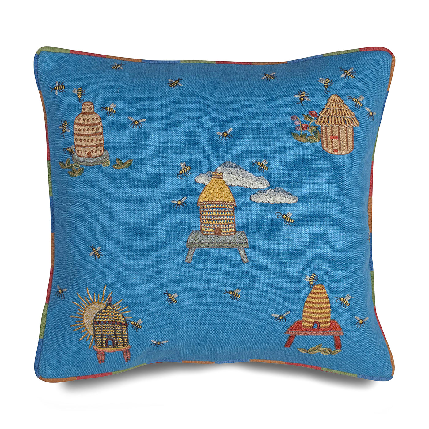 Buzz Off cushion with embroidered bee and beehive patterns, edged with rainbow piping. Exclusively for Shop Kit Kemp.