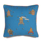Buzz Off cushion with embroidered bee and beehive patterns, edged with rainbow piping. Exclusively for Shop Kit Kemp.