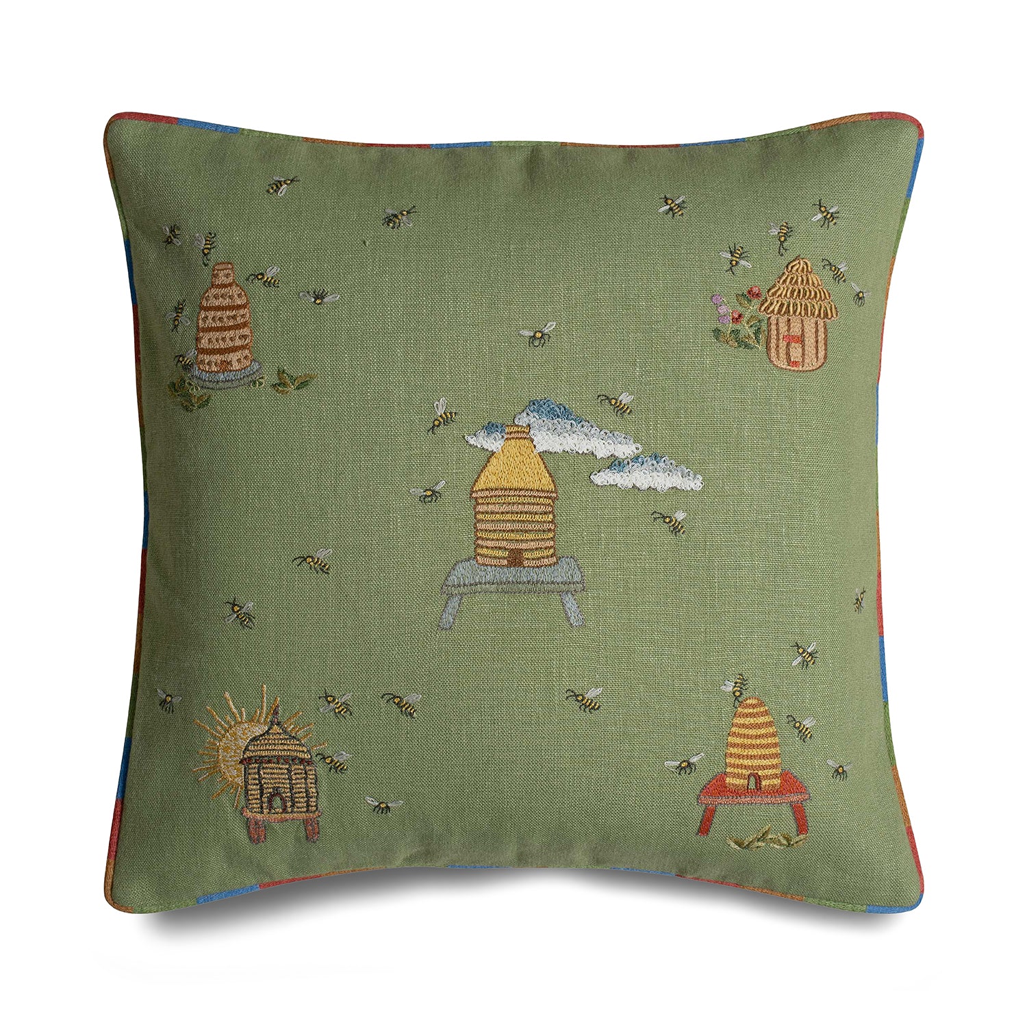 Kit Kemp for the Chelsea Textiles cushion with embroidered bee hives and bees on a green, edged in rainbow piping. 