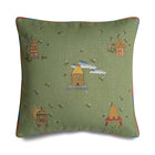 Kit Kemp for the Chelsea Textiles cushion with embroidered bee hives and bees on a green, edged in rainbow piping. 