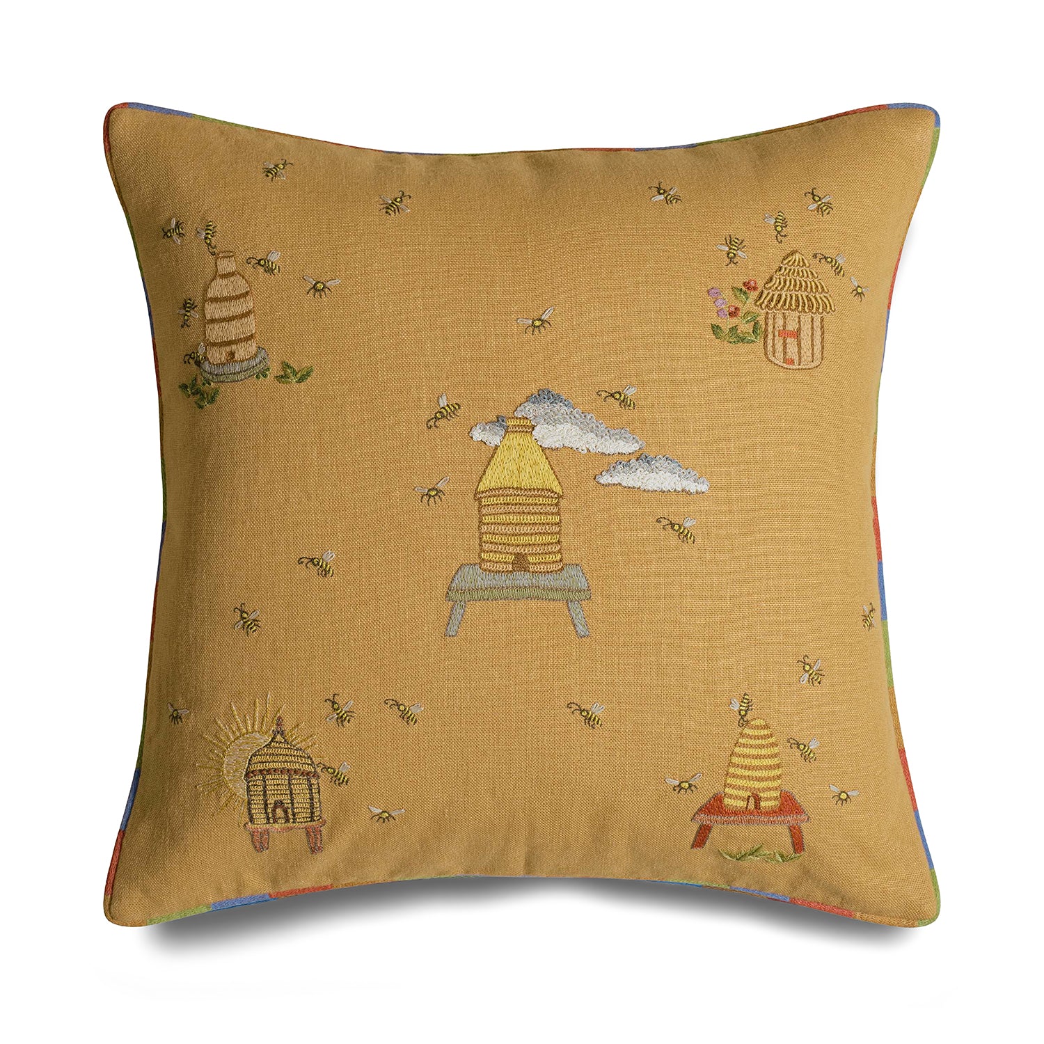 Kit Kemp for the Chelsea Textiles cushion with embroidered bee hives and bees on a yellow, edged in rainbow piping. 
