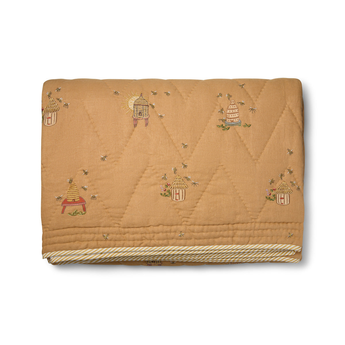 Buzz Off Quilted Bedspread in Yellow from the Weekend Collection by Kit Kemp - Chelsea Textiles, crafted from quilted linen with embroidered bee and floral motifs and a beautifully bound finish.