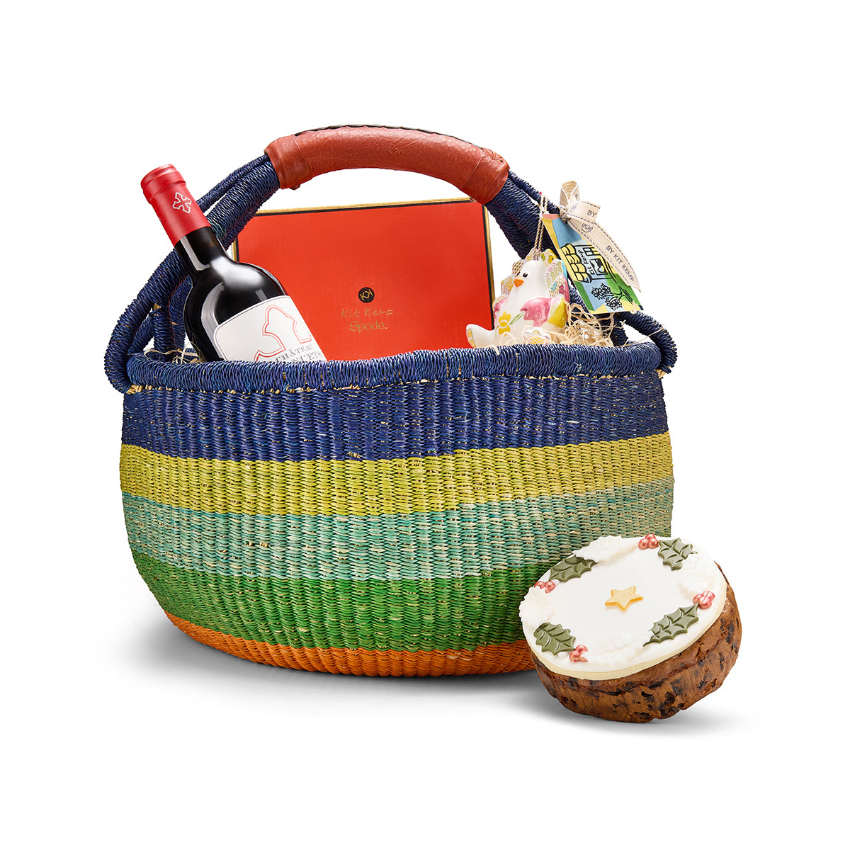 Woven gift basket with wine and cake selection perfect for any wine connoisseur and foodie.