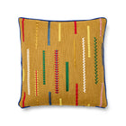 Square 45cm (18in) designer cushion featuring a rustic mustard base with intricate, multi-coloured geometric embroidery. Part of a sustainable initiative, this cushion is crafted using upcycled fabrics from Kit Kemp Design Studio projects. The "Cayeres" fabric displays a rhythmic pattern of varied stitches, framed by a bold blue piping to create a unique, eco-conscious home accessory.