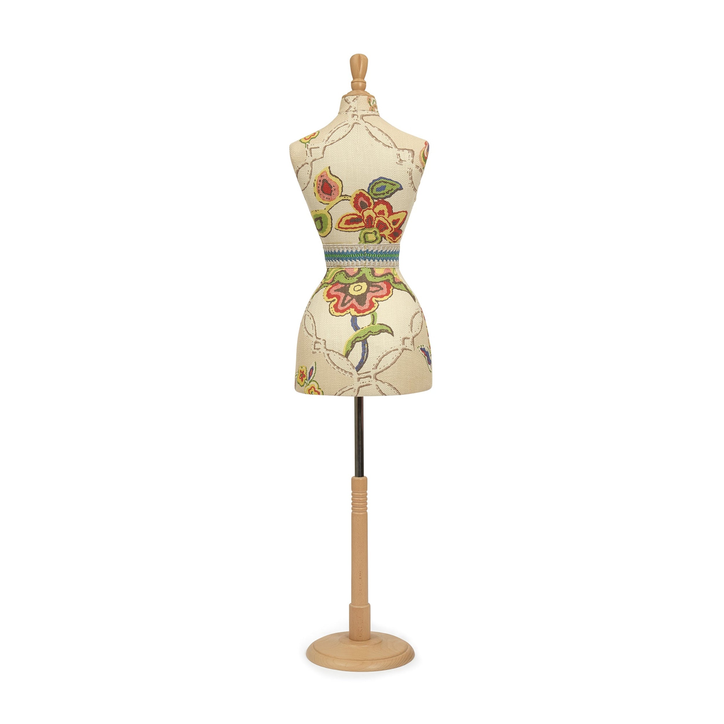 Decorative mannequin with floral patterns on a white background