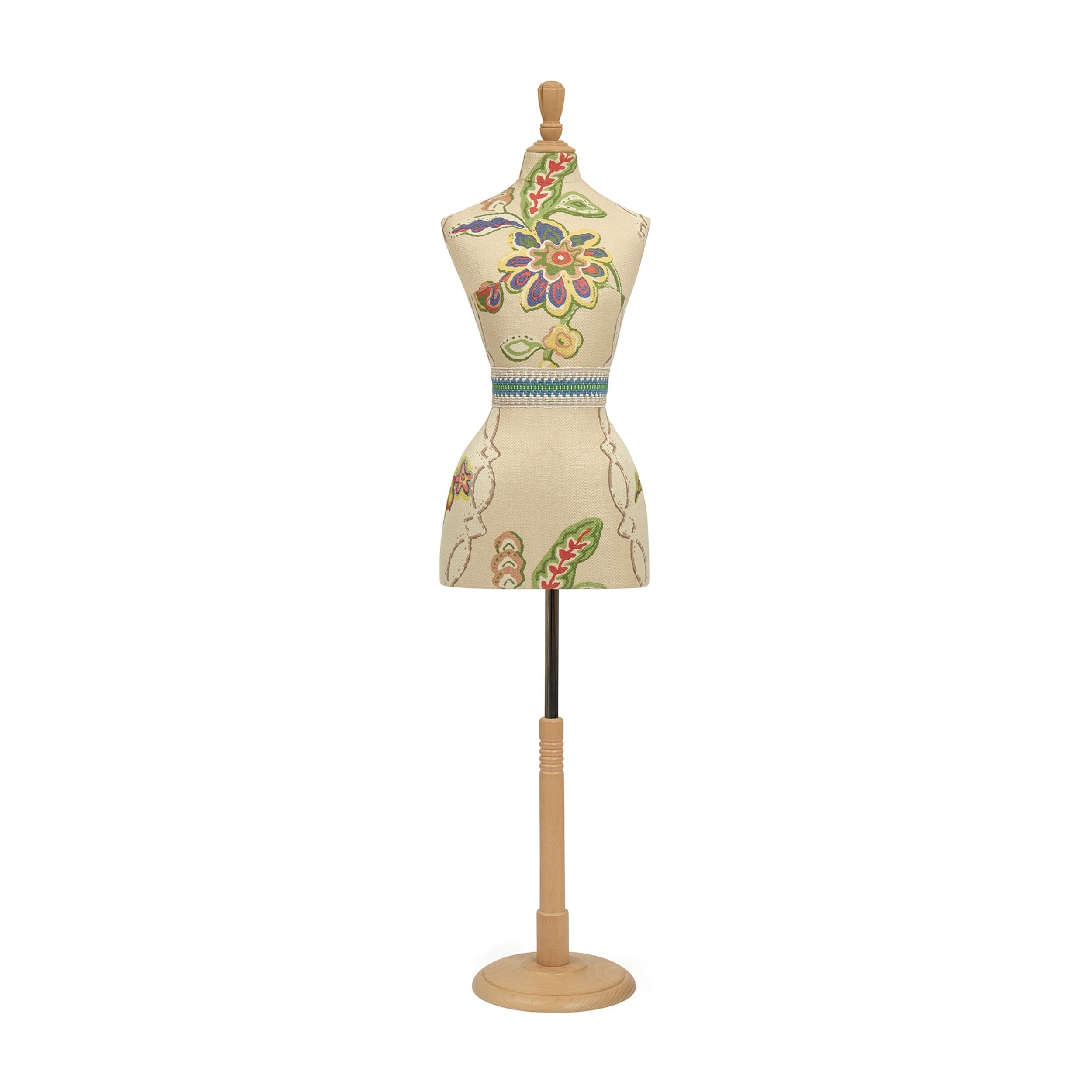 Decorative mannequin with floral patterns on a white background