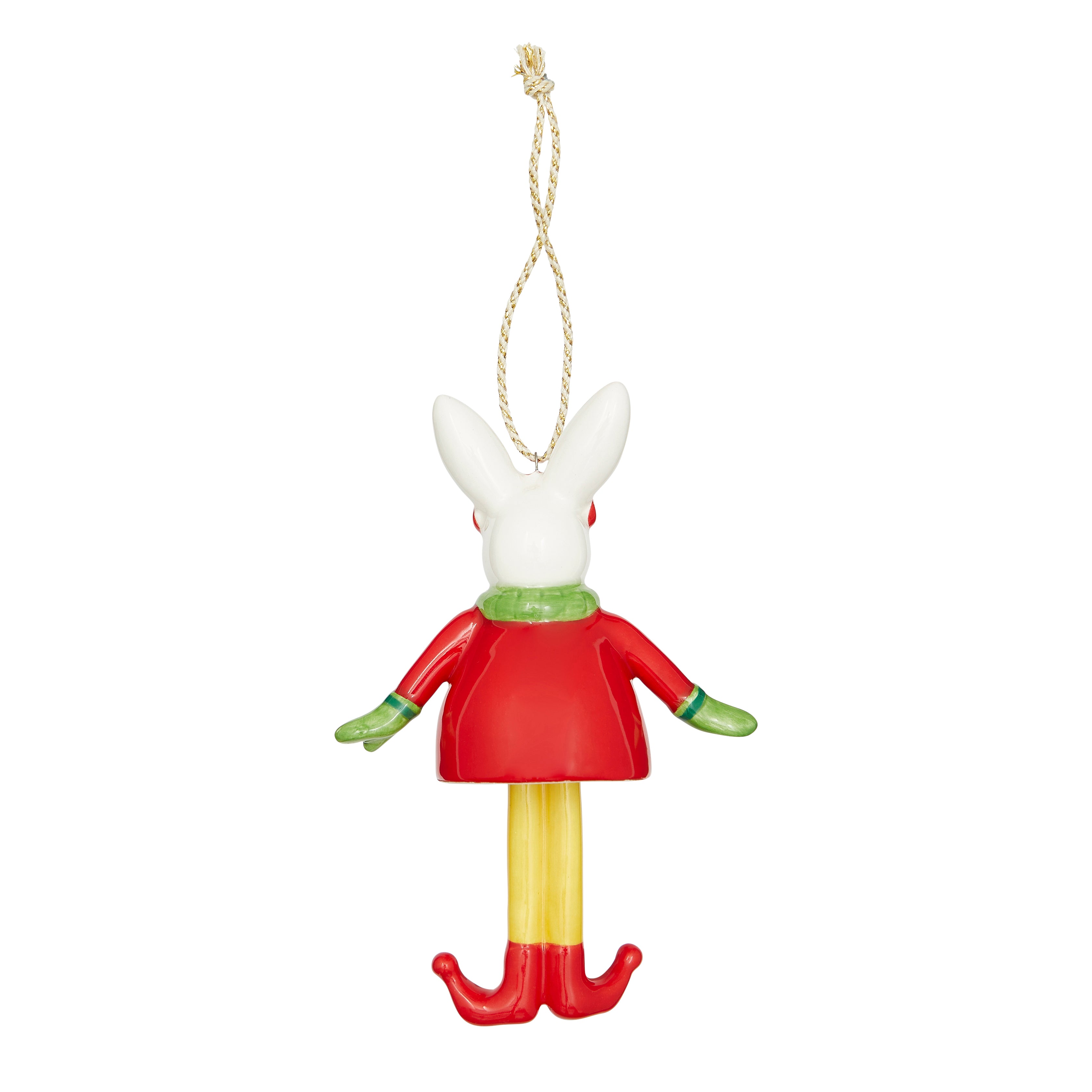 Unique fine china Christmas Bell Bunny Ornament. This festive decoration features a bunny in a red coat and elf shoes with dangling legs and a green scarf. A high-quality keepsake that adds a charming, playful touch to your Christmas tree.