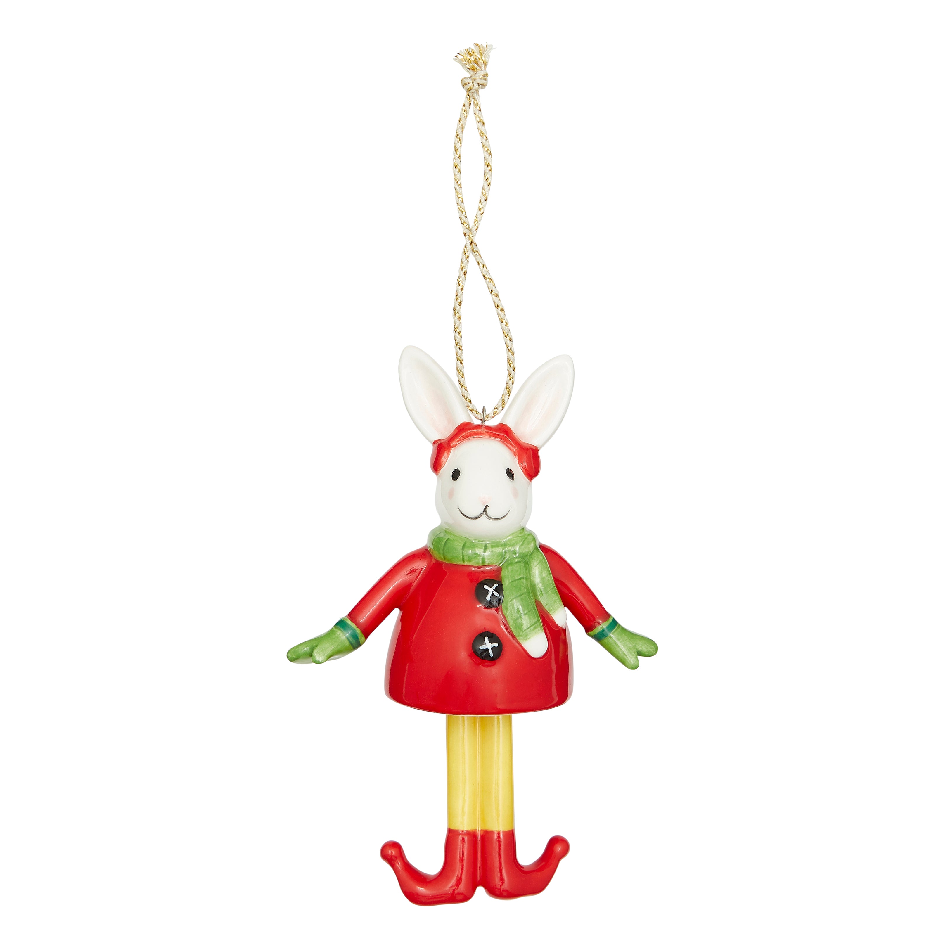 Unique fine china Christmas Bell Bunny Ornament. This festive decoration features a bunny in a red coat and elf shoes with dangling legs and a patterned green scarf. A high-quality keepsake that adds a charming, playful touch to your Christmas tree.