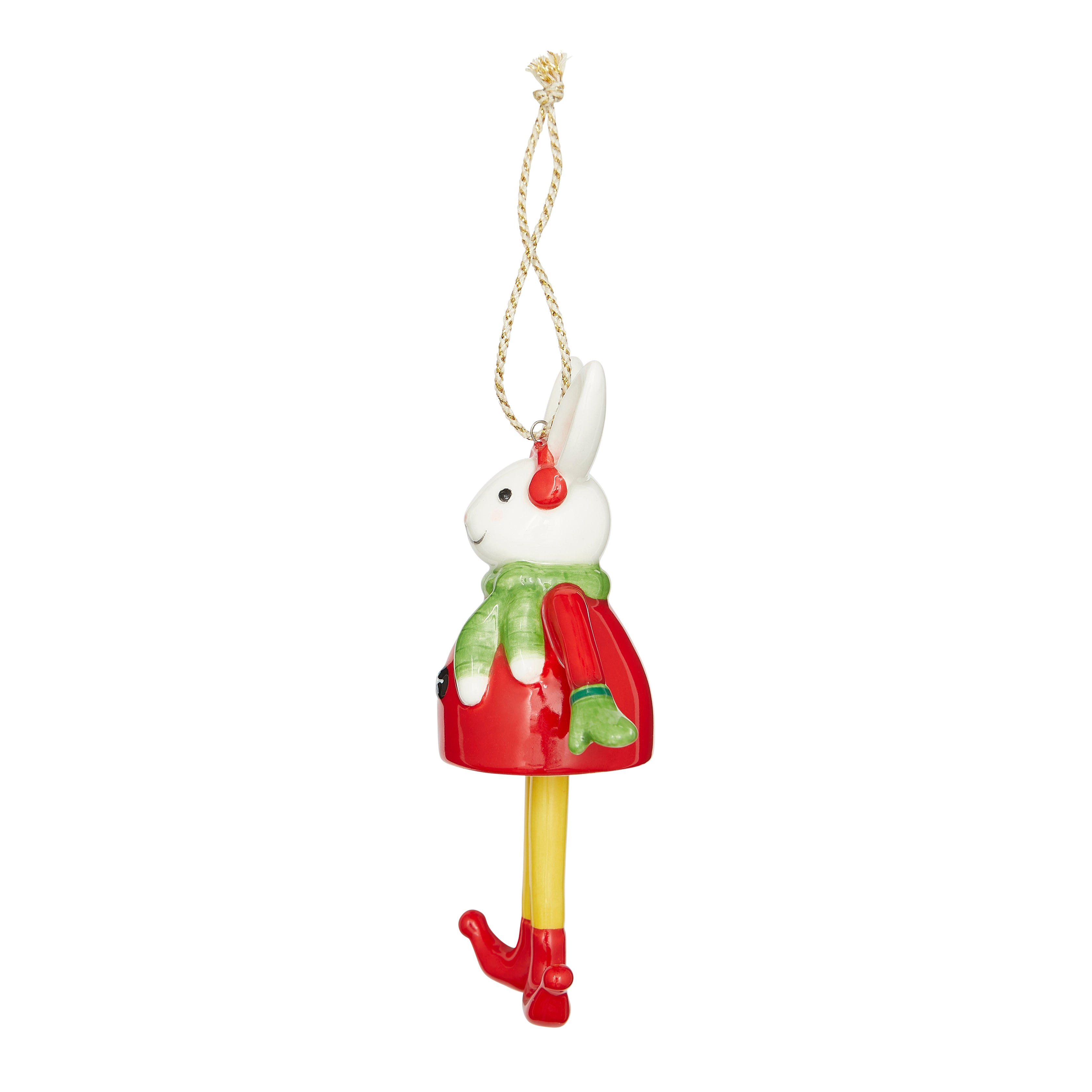 Christmas Bell Bunny fine china Ornament with dangling yellow legs that end in festive red elf shoes. The bunny has a white face, wears a bright red coat with black buttons, a red winter hat, and a charming green scarf. This unique, playful ornament is a delightful addition to any Christmas tree.