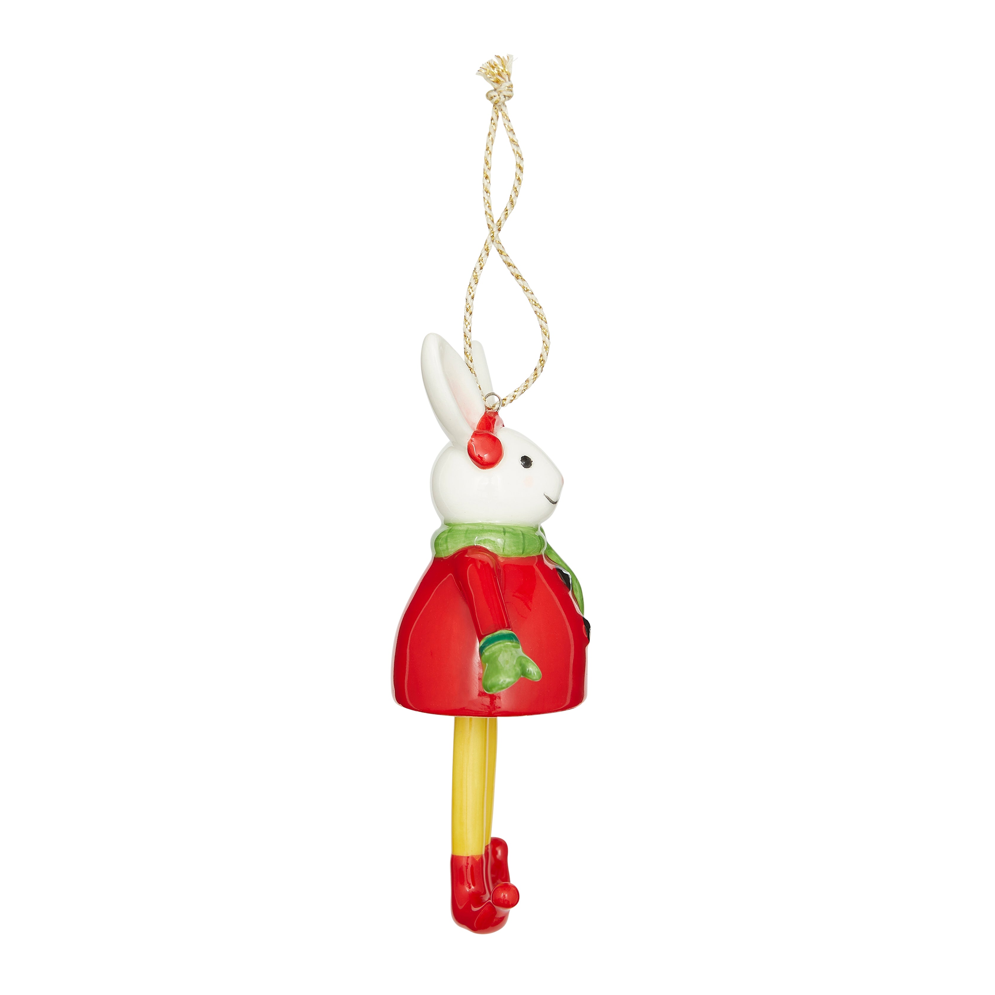 Christmas Bell Bunny fine china Ornament with dangling yellow legs that end in festive red elf shoes. The bunny has a white face, wears a bright red coat with black buttons, a red winter hat, and a charming green scarf with white stars. This unique, playful ornament is a delightful addition to any Christmas tree.